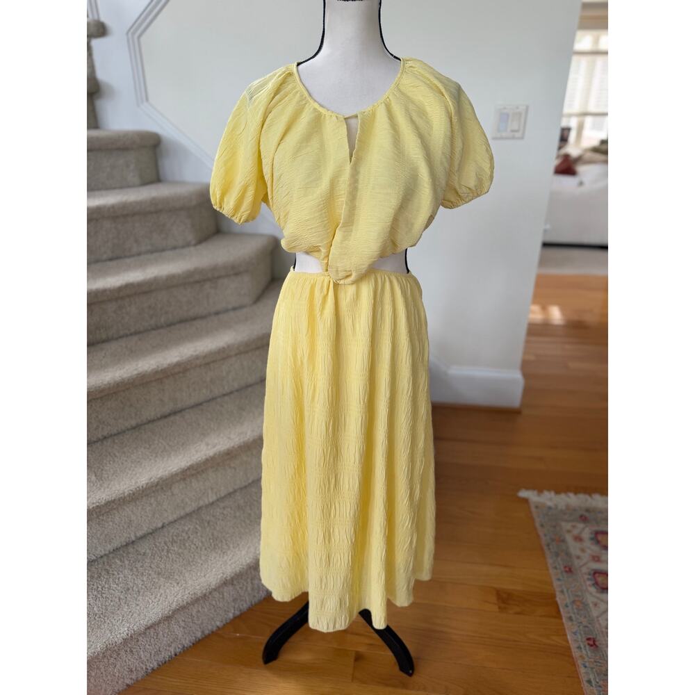 Petal + Pup Butter Yellow Puff Sleeve Midi Length Milk Maid Cut Out Back Dress - Picture 2 of 7